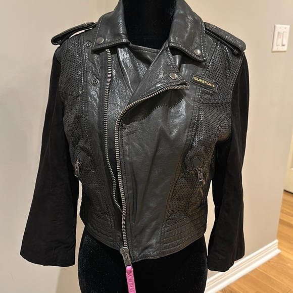Superdry leather body and suede sleeves short biker - Picture 2 of 8